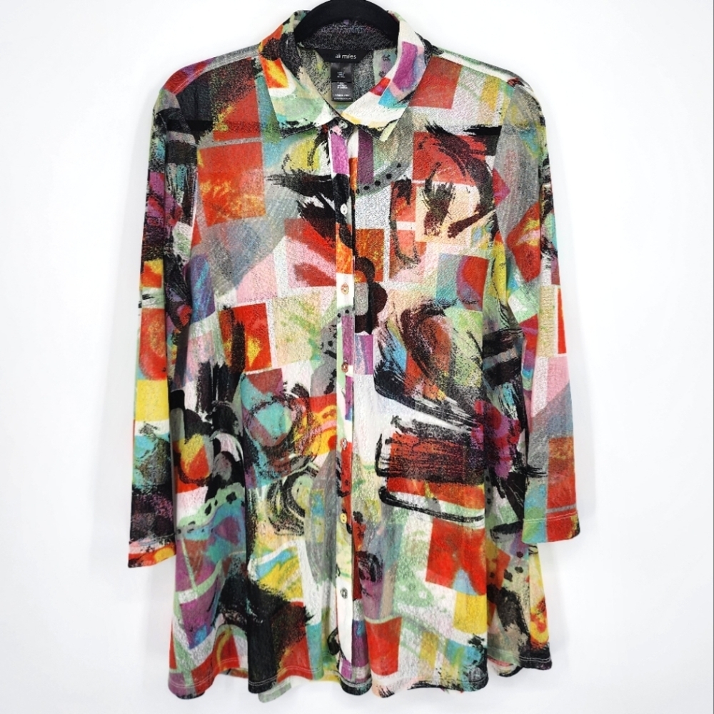 Ali Miles Button Down Sheer Shirt Art To Wear Abstract Colorful Large